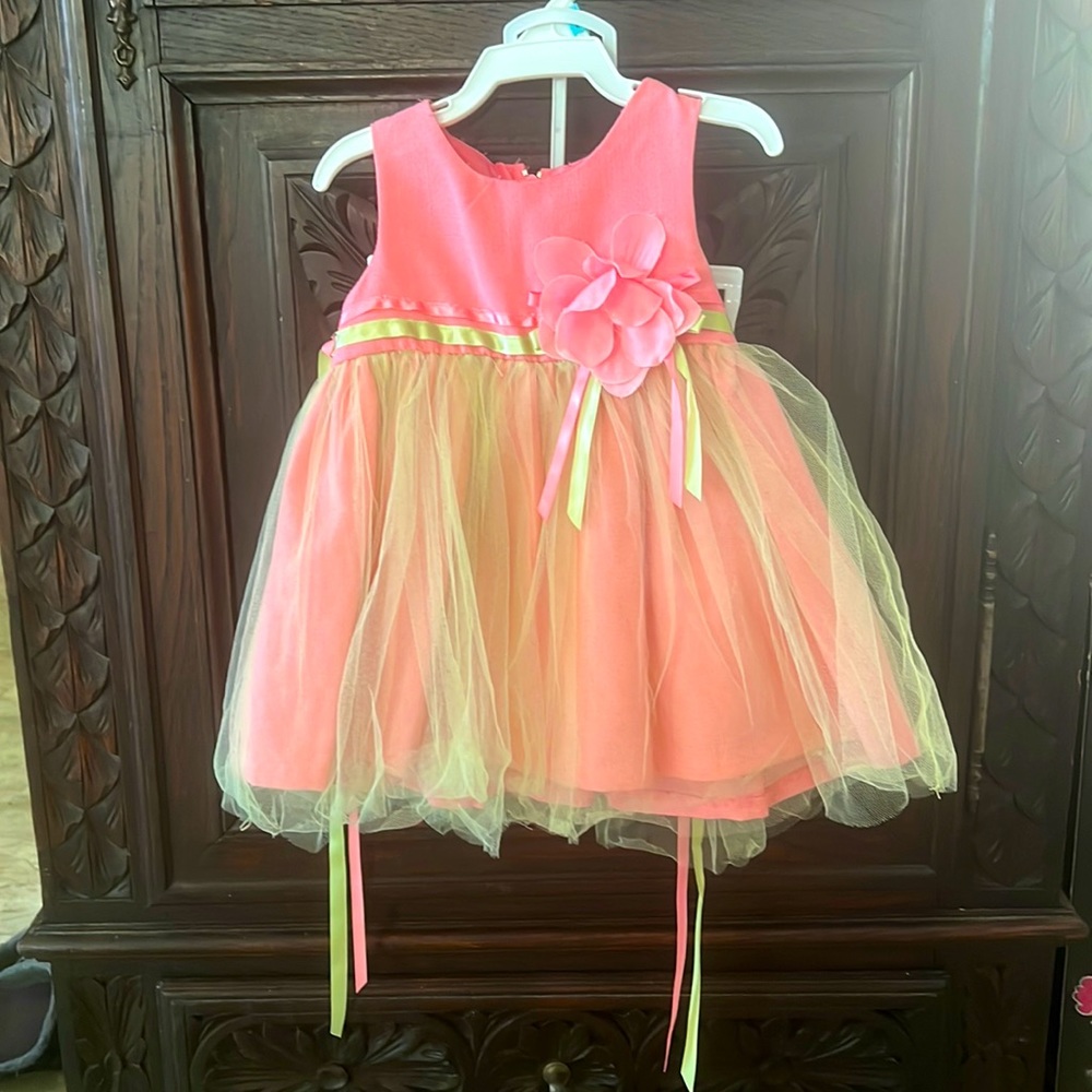 Pink & green Bonnie Baby infant dress, 6/9 months with matching diaper cover.